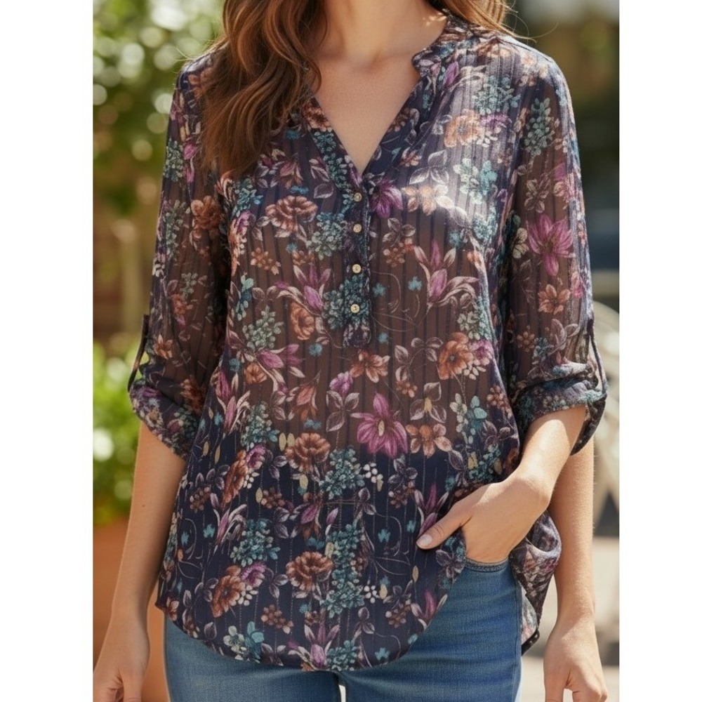 Sara Michelle Women 2X Purple Multi Floral Sheer Metallic Boho Vneck Blouse 3/4